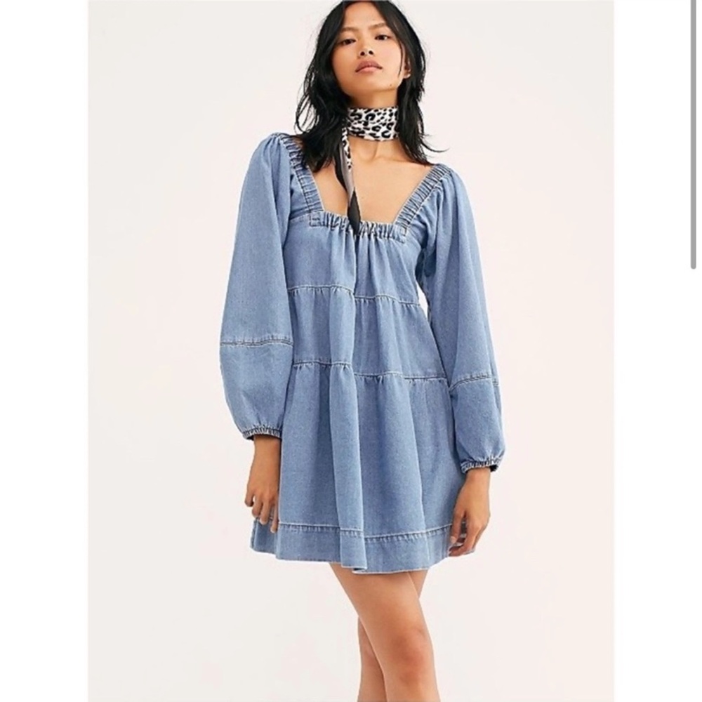 Free People Blue Jean Babydoll Mini Dress
